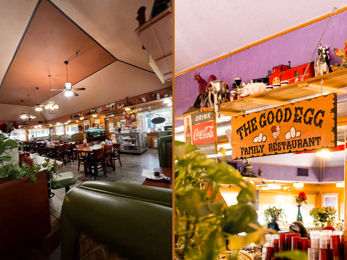 Casual American restaurant seating with simple, clean table settings.