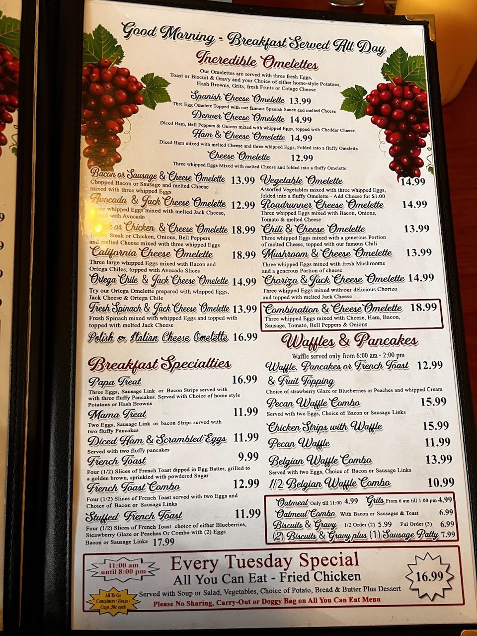 Lunch menu page showing burgers, sandwiches, and quesadillas.