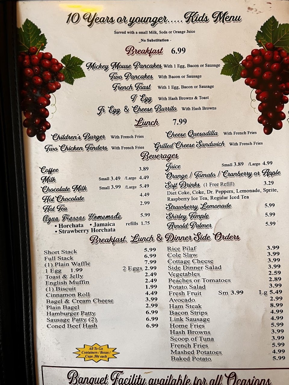 Children's menu items beside classic breakfast plates.