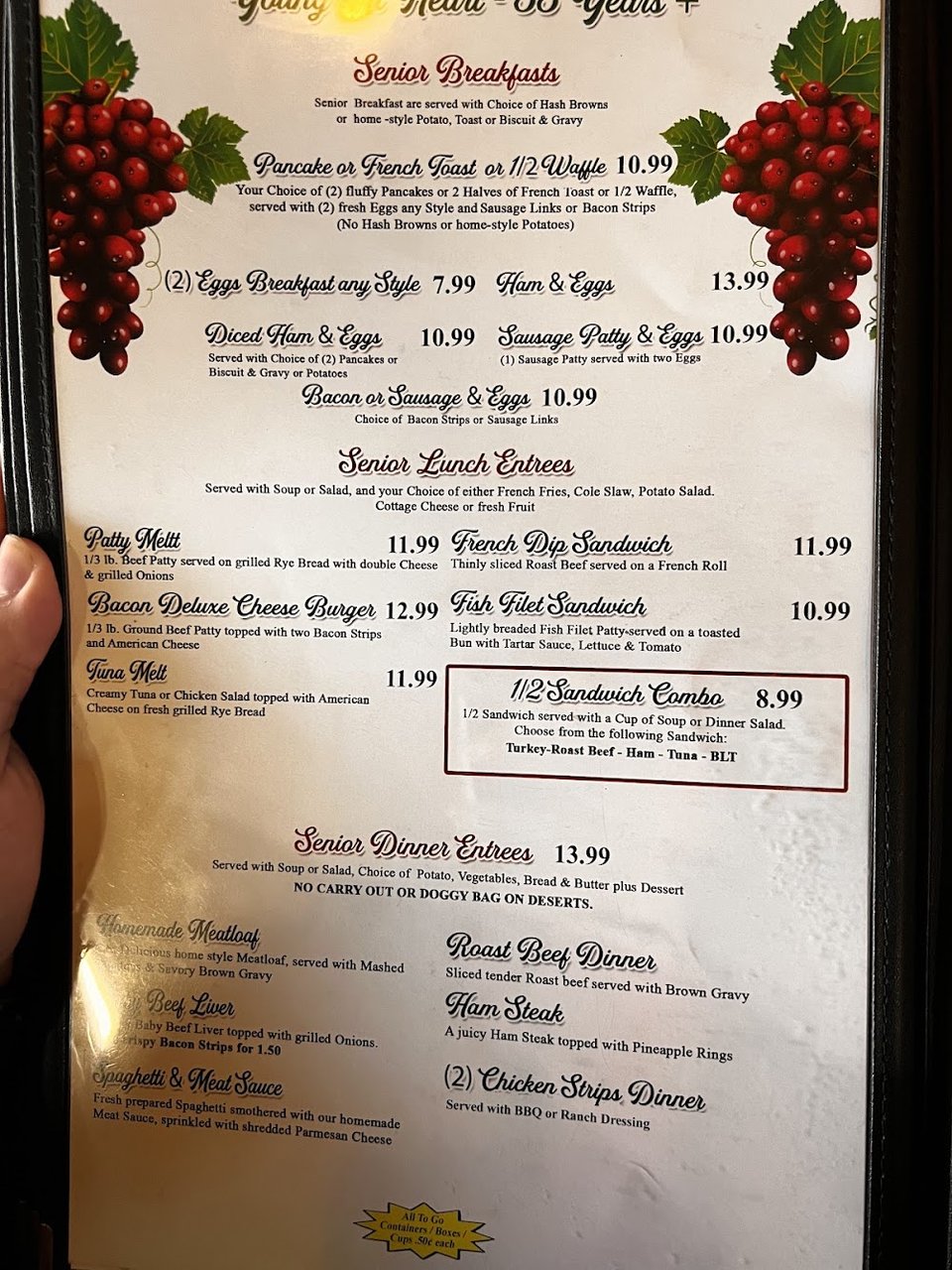 Printed menu with simple diner-style breakfast and lunch choices.